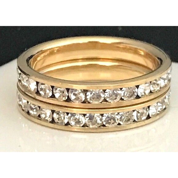 DESIGNER Ring Size 6.5 Two Stackable Bands Gold Simulated Diamonds 2P - Picture 6 of 8